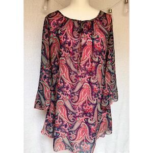 Lady Noiz Paisley Purple Pink Red Flared Sleeved Tunic Mini Dress Women's Medium